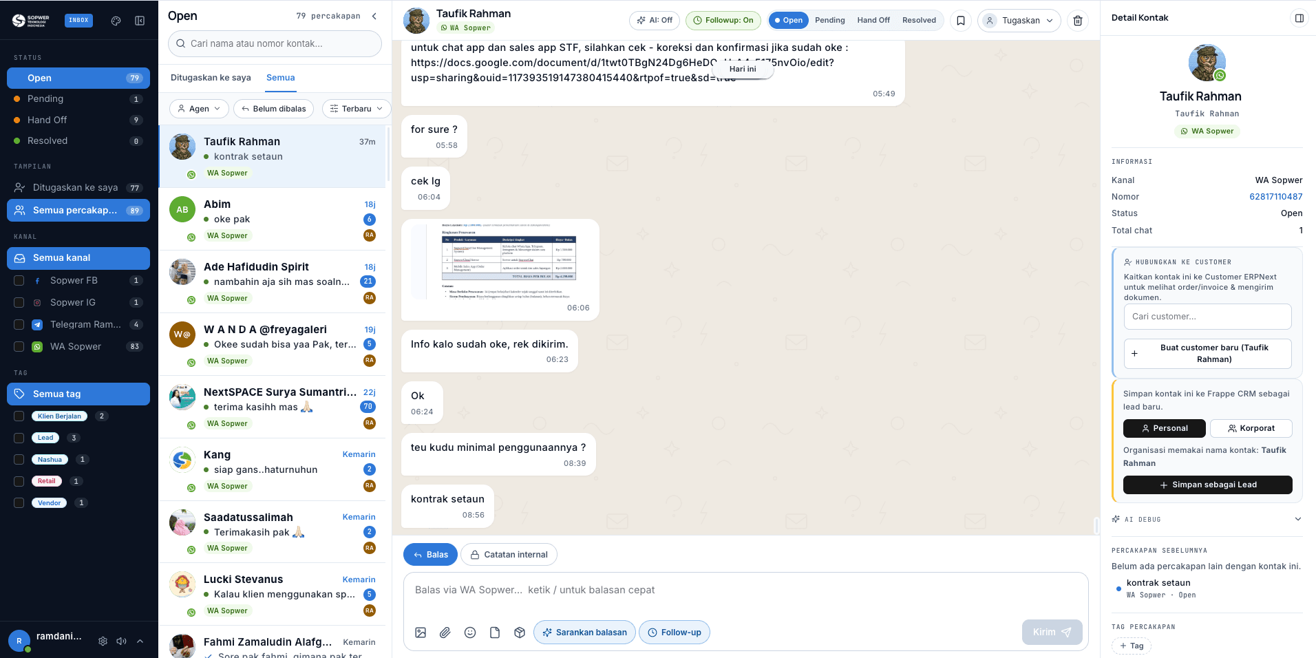 Tampilan Sopwer Inbox dengan percakapan, kanal, assignment, tag, dan detail customer